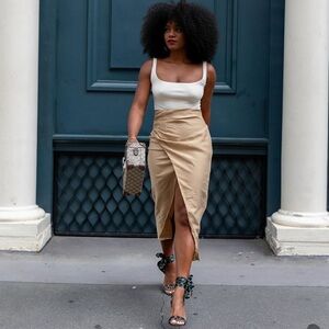 ASOS EDITION Wrap Midi Skirt Caramel High Waist Side Split Size 14